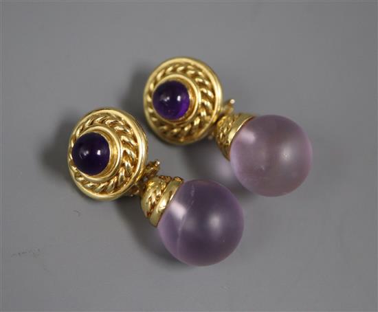 A pair of Etruscan style 18ct gold, amethyst and pink quartz earrings, in Boodle & Dunthorne box 32mm.